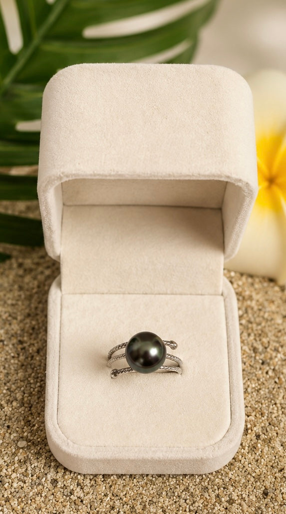 Bague MAUPIHAA en argent 925 avec perle de Tahiti verte de 10 x 12 mm