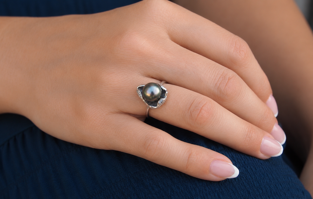 Bague réglable TUPAI ornée d'une authentique perle de Tahiti verte