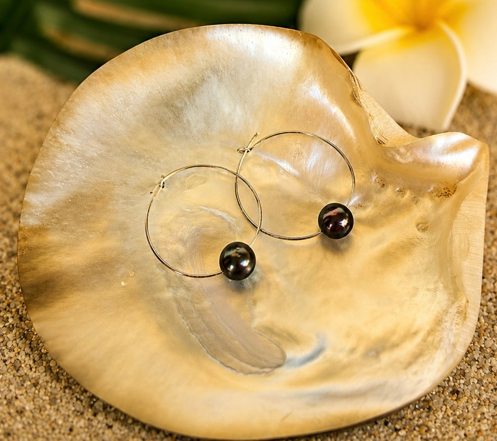 Boucles d'oreilles TAKAROA créoles en argent 925 avec authentiques perles de Tahiti multicolores de 8,15 mm