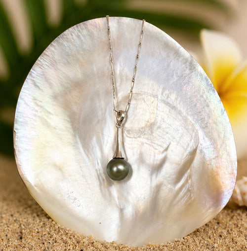 Collier FAKAHINA en argent 925 avec perle de Tahiti gris vert de 9,3 mm
