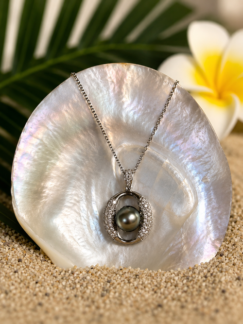 Collier HEREHERETUE en argent 925 avec perle de Tahiti multicolore et zirconiums