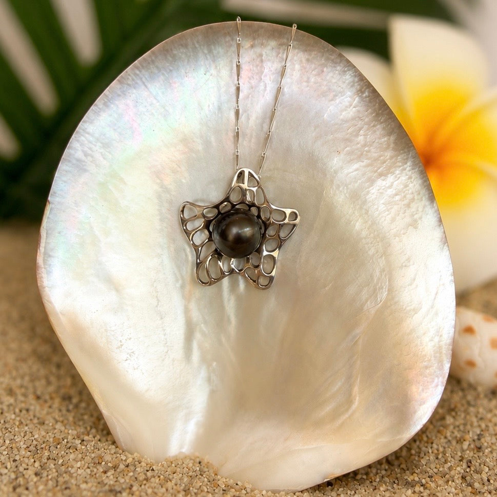 Collier MORANE fleur en argent 925 avec authentique perle de Tahiti noire de 10,7 mm