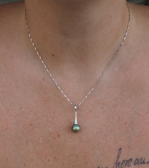 Collier argent 925 avec authentique perle de Tahiti gris vert naturelle