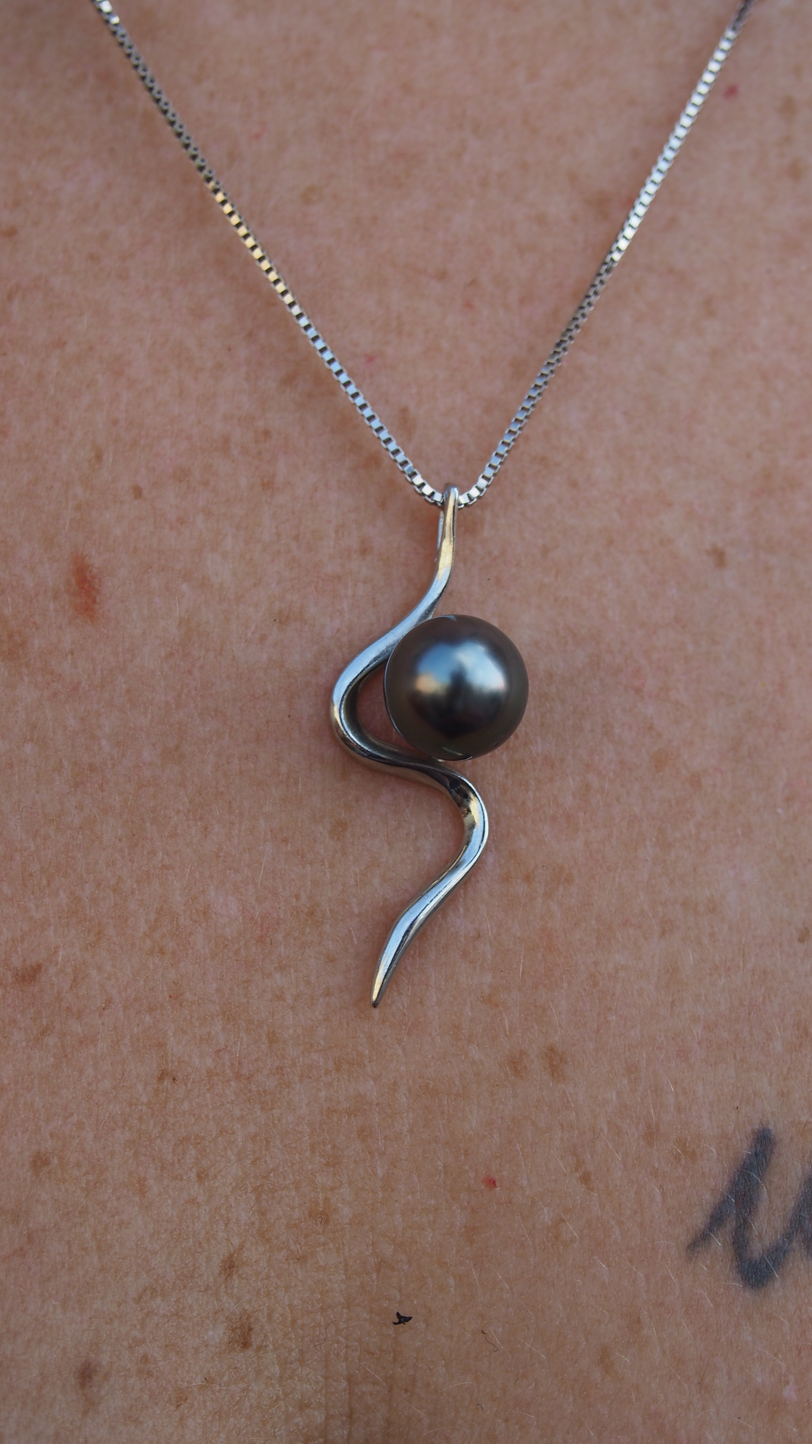 Collier argent 925 maille vénitienne avec authentique perle de Tahiti multicolore