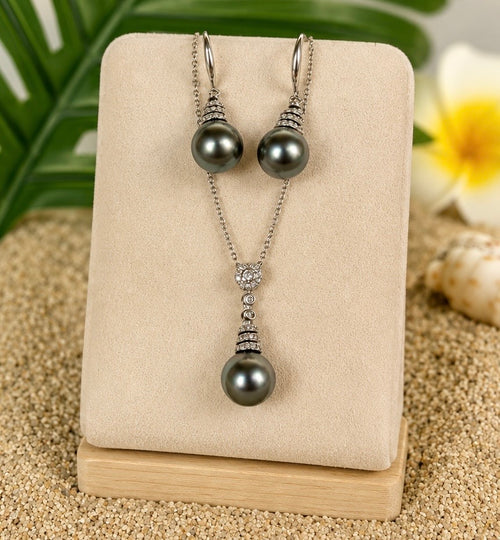 Parure HITI en argent 925 avec collier et boucles d'oreilles ornés de perles de Tahiti